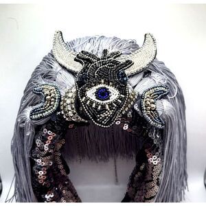 Moon Goddess Dark Heart Festival Headpiece Silver and Black by Brebitz Haloween